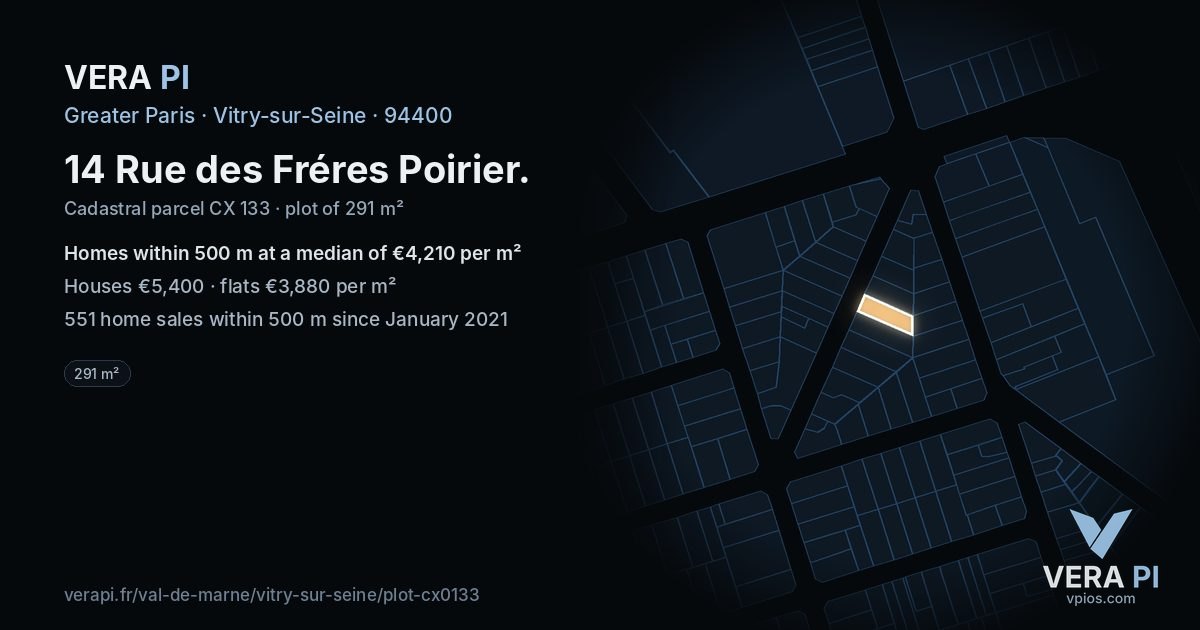 14 Rue des Fréres Poirier, Vitry-sur-Seine at night – the plot lit, the parcels around coloured by the prices near them