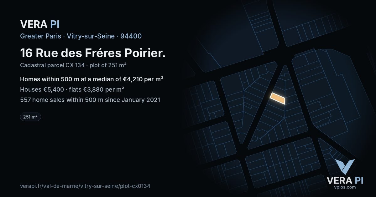 16 Rue des Fréres Poirier, Vitry-sur-Seine at night – the plot lit, the parcels around coloured by the prices near them