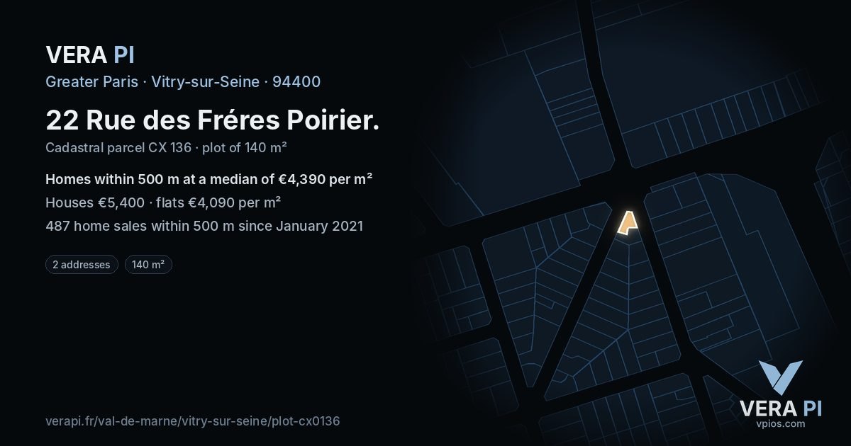 22 Rue des Fréres Poirier, Vitry-sur-Seine at night – the plot lit, the parcels around coloured by the prices near them