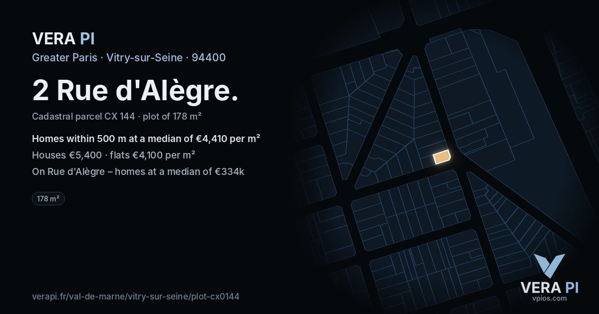 2 Rue d'Alègre, Vitry-sur-Seine at night – the plot lit, the parcels around coloured by the prices near them