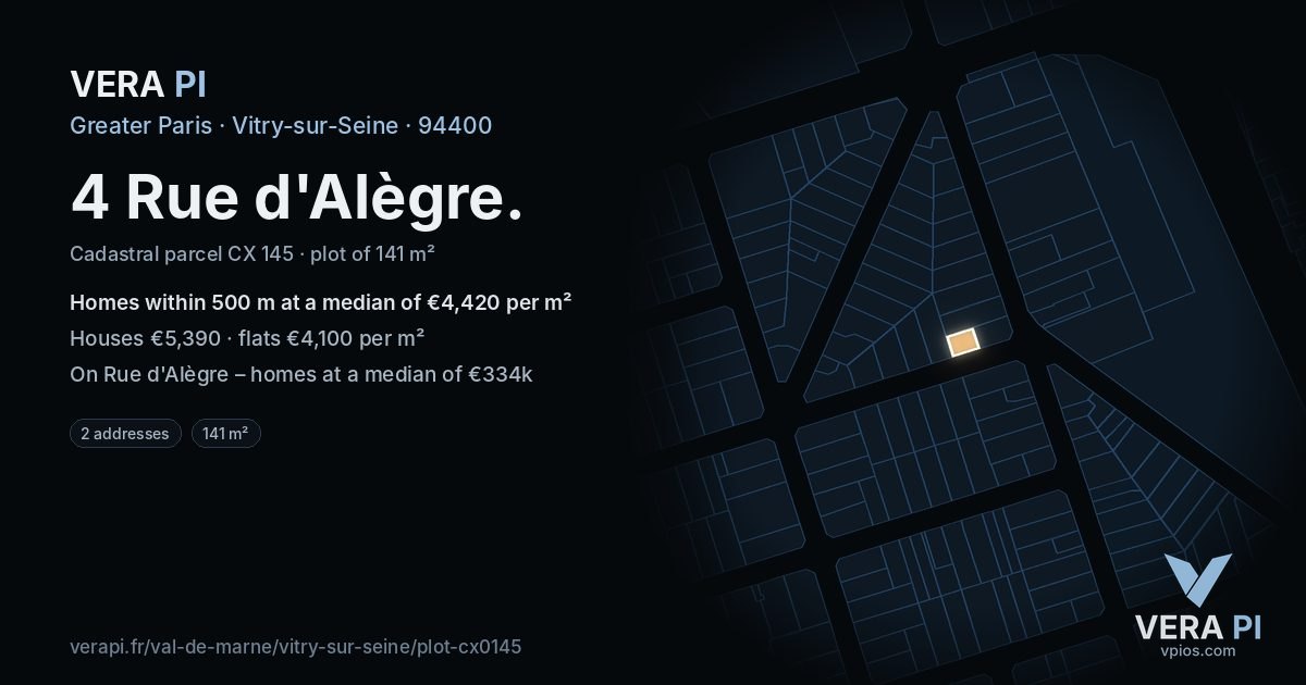 4 Rue d'Alègre, Vitry-sur-Seine at night – the plot lit, the parcels around coloured by the prices near them