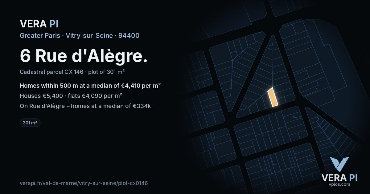 6 Rue d'Alègre, Vitry-sur-Seine at night – the plot lit, the parcels around coloured by the prices near them