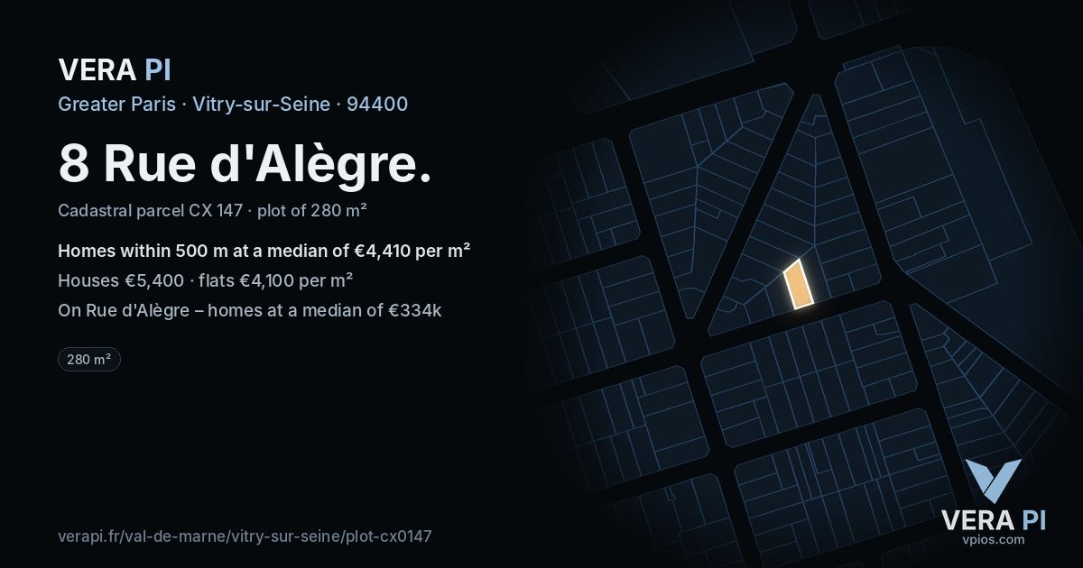 8 Rue d'Alègre, Vitry-sur-Seine at night – the plot lit, the parcels around coloured by the prices near them