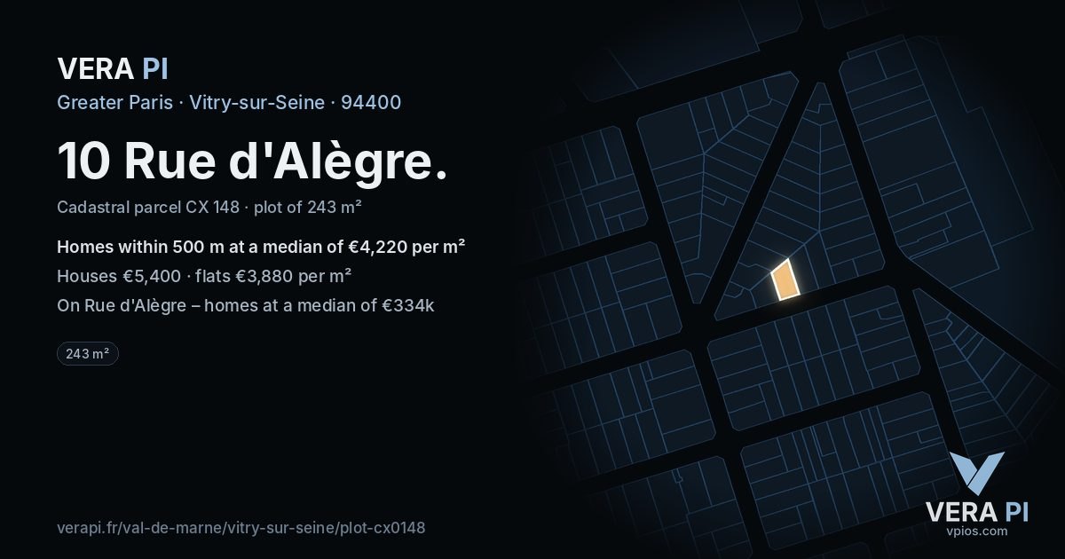 10 Rue d'Alègre, Vitry-sur-Seine at night – the plot lit, the parcels around coloured by the prices near them