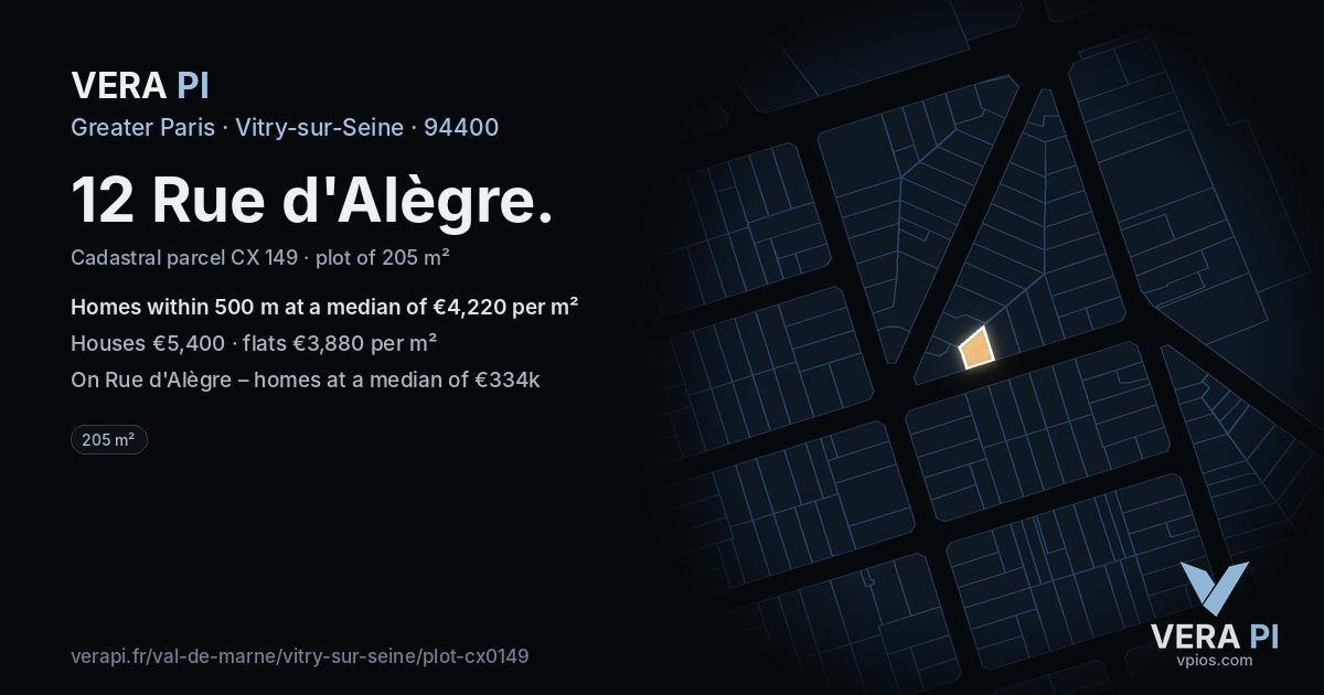 12 Rue d'Alègre, Vitry-sur-Seine at night – the plot lit, the parcels around coloured by the prices near them