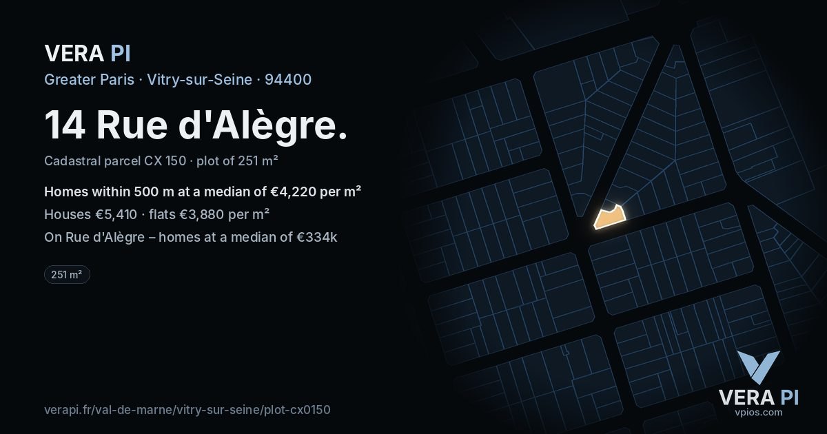 14 Rue d'Alègre, Vitry-sur-Seine at night – the plot lit, the parcels around coloured by the prices near them