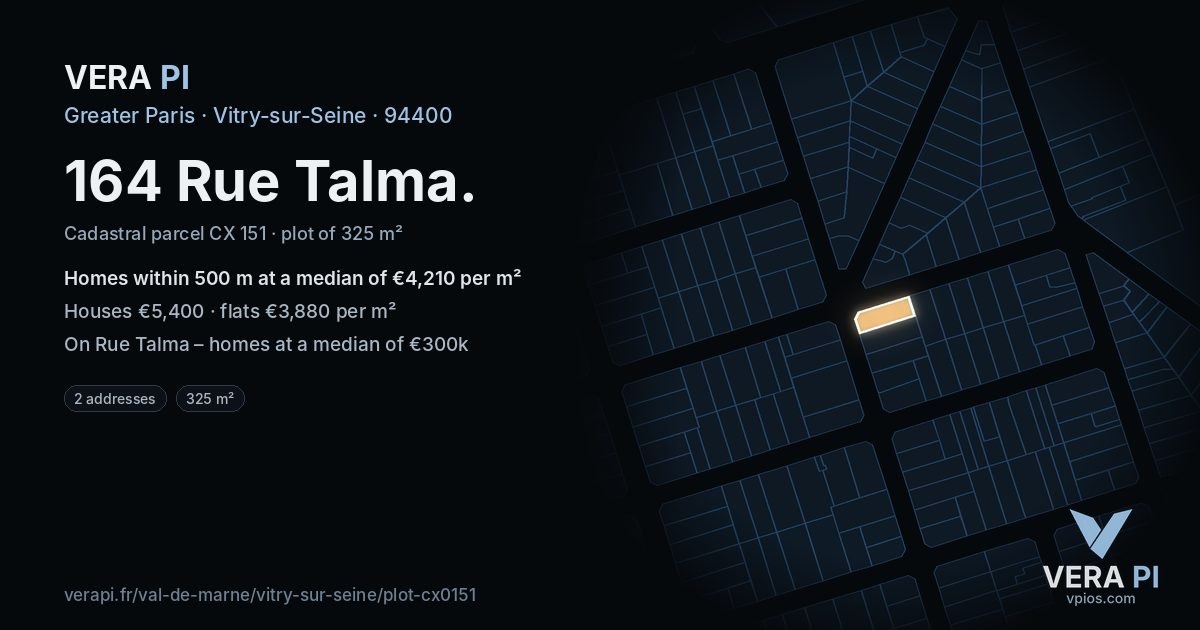 164 Rue Talma, Vitry-sur-Seine at night – the plot lit, the parcels around coloured by the prices near them