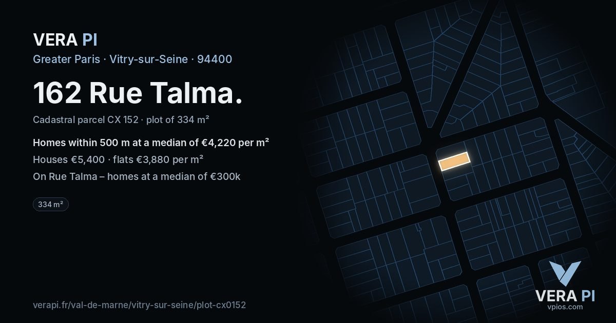 162 Rue Talma, Vitry-sur-Seine at night – the plot lit, the parcels around coloured by the prices near them