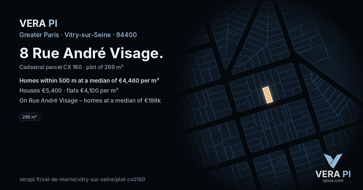 8 Rue André Visage, Vitry-sur-Seine at night – the plot lit, the parcels around coloured by the prices near them