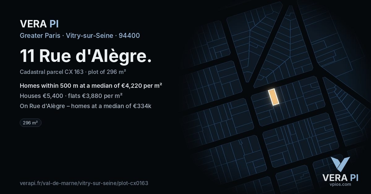 11 Rue d'Alègre, Vitry-sur-Seine at night – the plot lit, the parcels around coloured by the prices near them