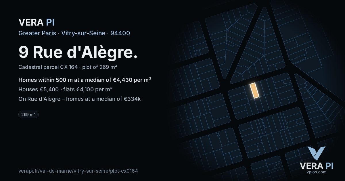 9 Rue d'Alègre, Vitry-sur-Seine at night – the plot lit, the parcels around coloured by the prices near them