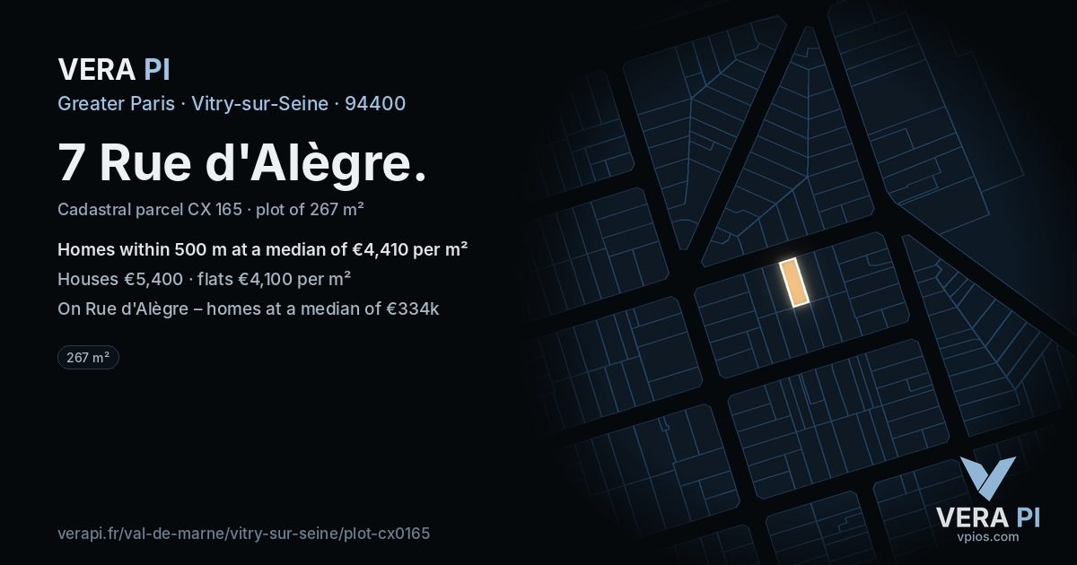 7 Rue d'Alègre, Vitry-sur-Seine at night – the plot lit, the parcels around coloured by the prices near them