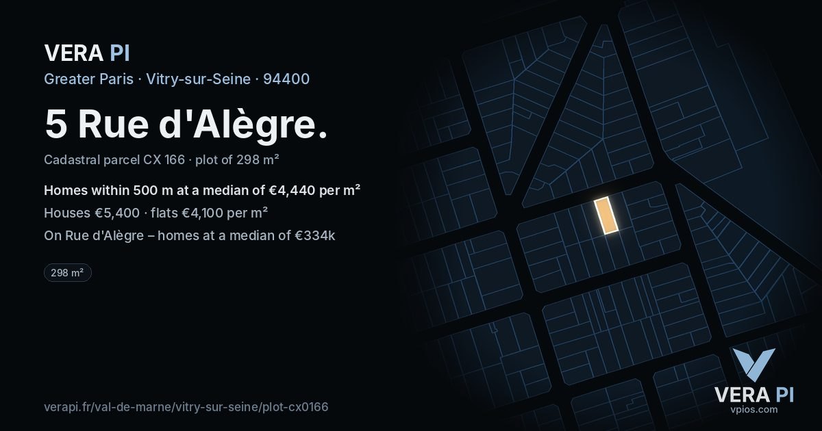 5 Rue d'Alègre, Vitry-sur-Seine at night – the plot lit, the parcels around coloured by the prices near them