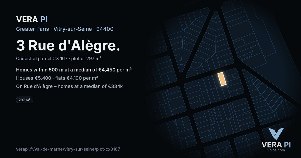 3 Rue d'Alègre, Vitry-sur-Seine at night – the plot lit, the parcels around coloured by the prices near them