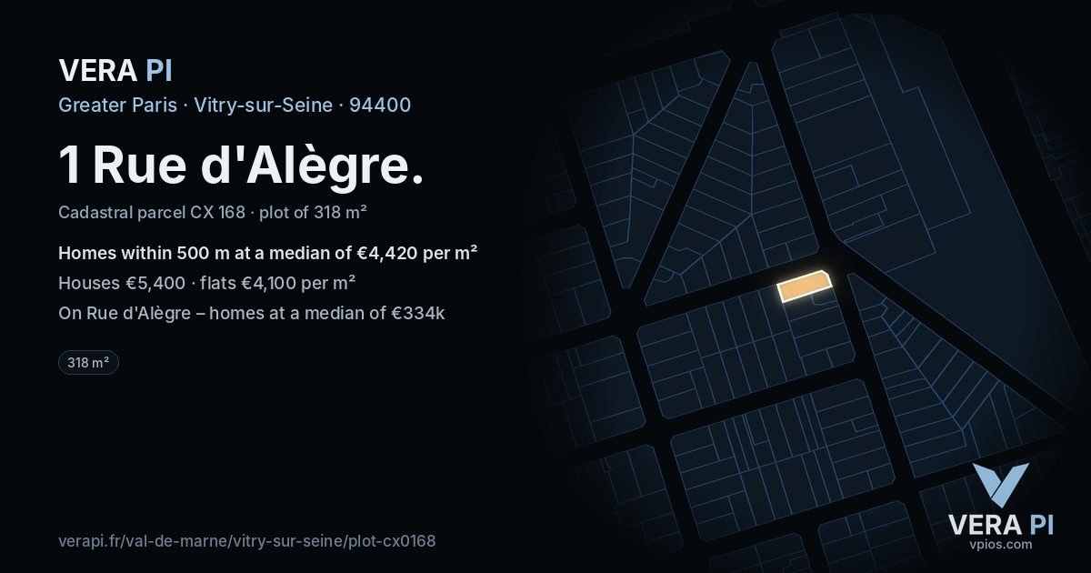 1 Rue d'Alègre, Vitry-sur-Seine at night – the plot lit, the parcels around coloured by the prices near them