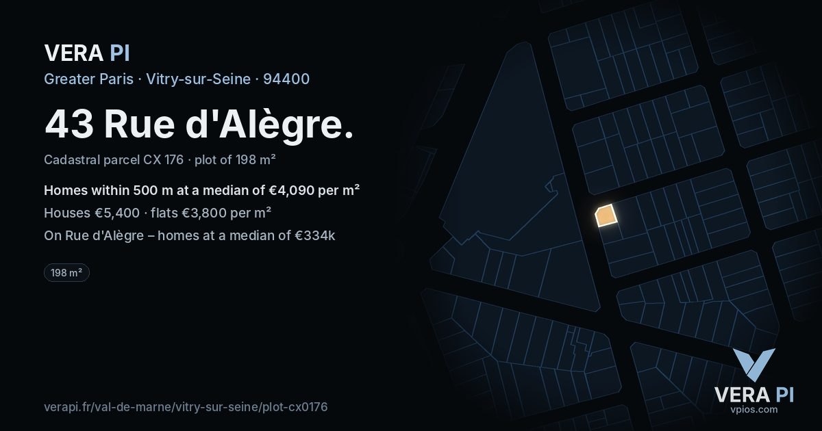 43 Rue d'Alègre, Vitry-sur-Seine at night – the plot lit, the parcels around coloured by the prices near them