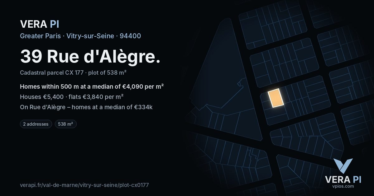 39 Rue d'Alègre, Vitry-sur-Seine at night – the plot lit, the parcels around coloured by the prices near them