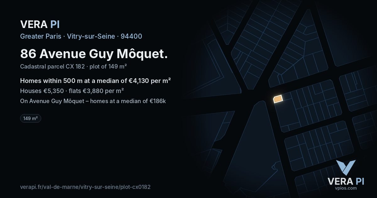 86 Avenue Guy Môquet, Vitry-sur-Seine at night – the plot lit, the parcels around coloured by the prices near them
