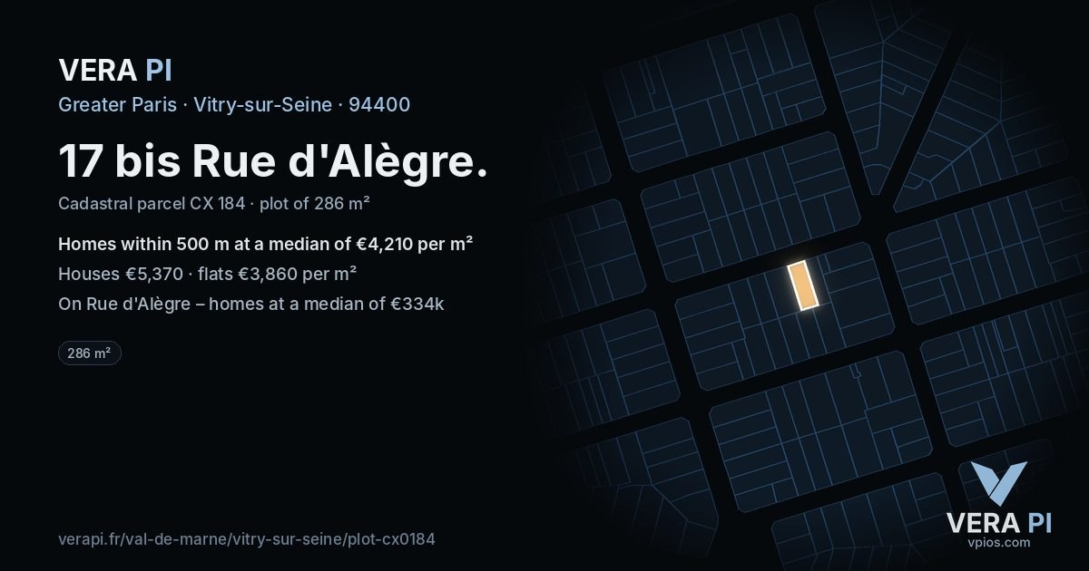 17 bis Rue d'Alègre, Vitry-sur-Seine at night – the plot lit, the parcels around coloured by the prices near them