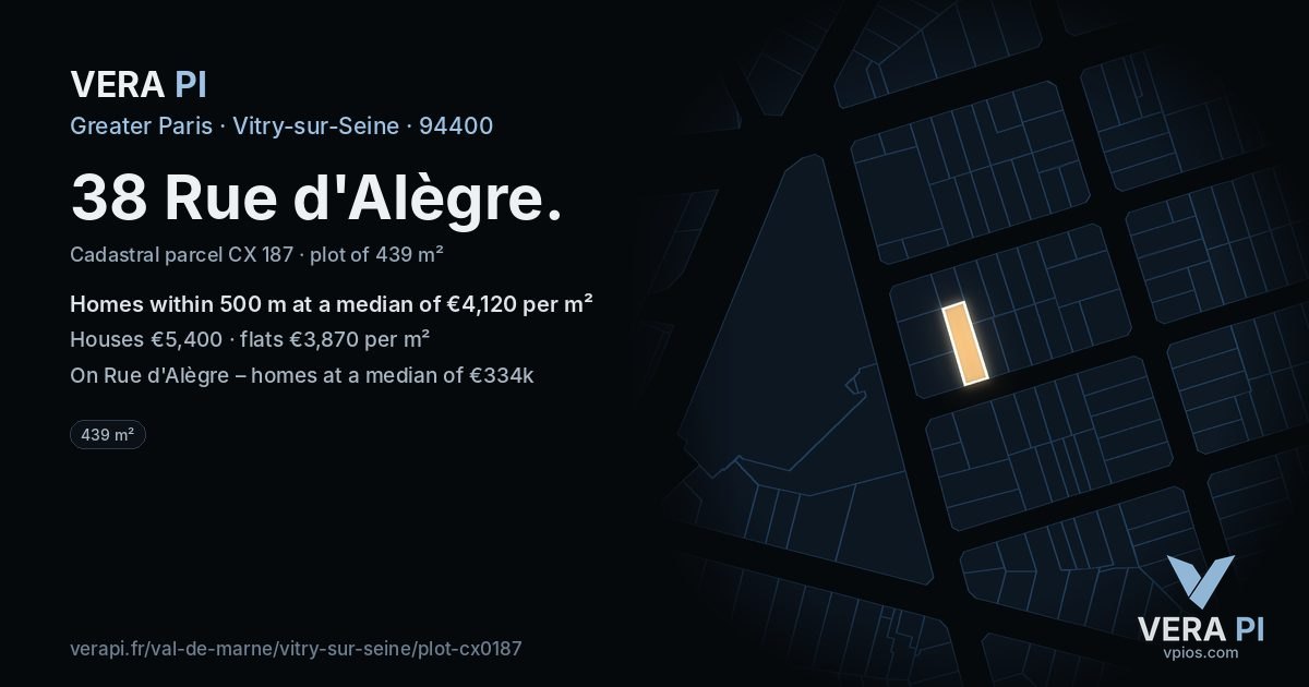 38 Rue d'Alègre, Vitry-sur-Seine at night – the plot lit, the parcels around coloured by the prices near them