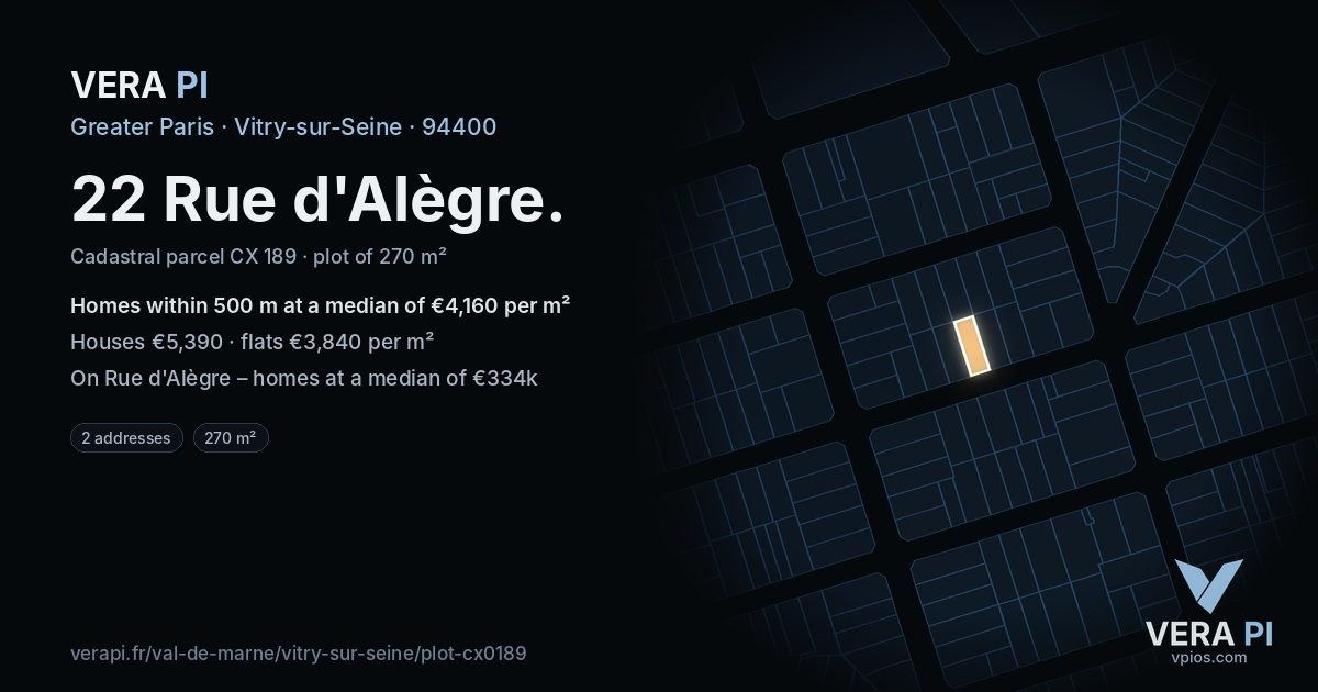 22 Rue d'Alègre, Vitry-sur-Seine at night – the plot lit, the parcels around coloured by the prices near them