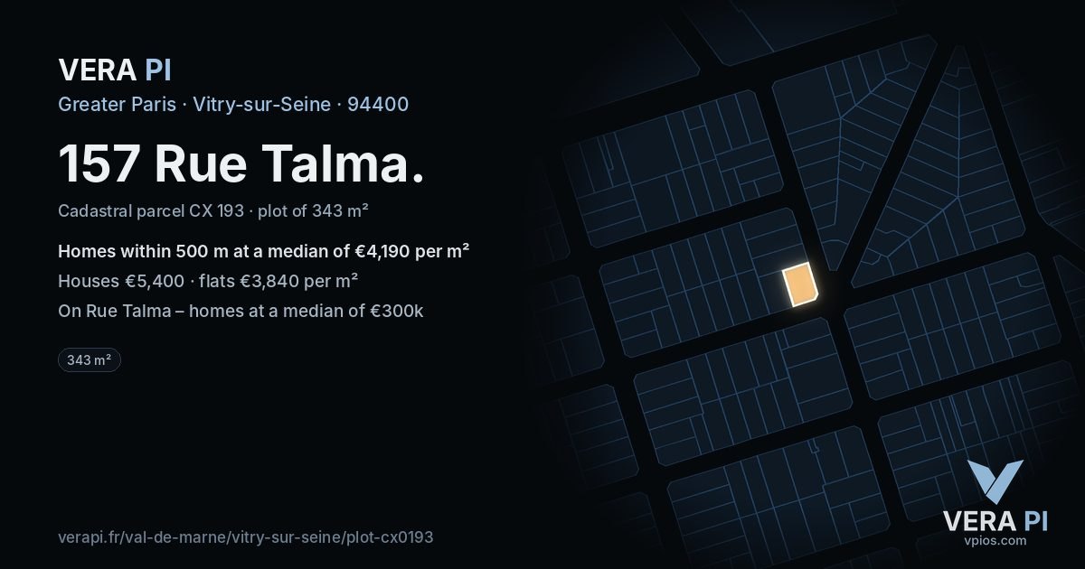 157 Rue Talma, Vitry-sur-Seine at night – the plot lit, the parcels around coloured by the prices near them