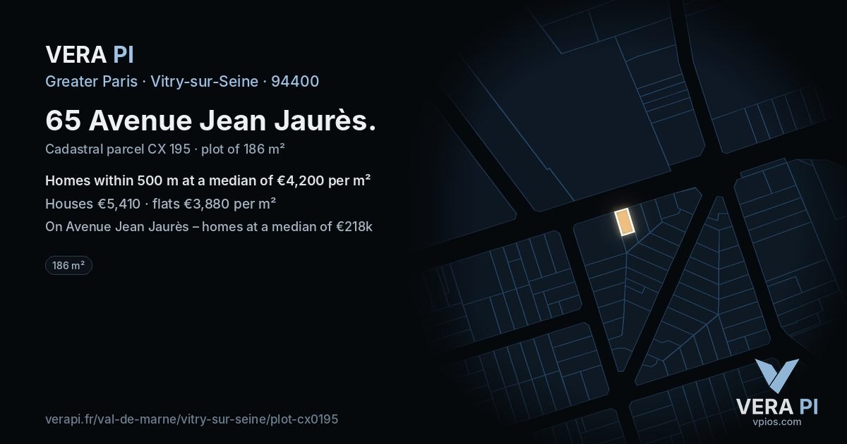 65 Avenue Jean Jaurès, Vitry-sur-Seine at night – the plot lit, the parcels around coloured by the prices near them