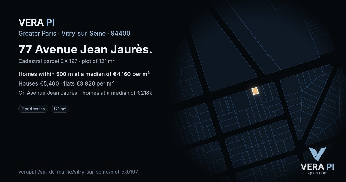 77 Avenue Jean Jaurès, Vitry-sur-Seine at night – the plot lit, the parcels around coloured by the prices near them