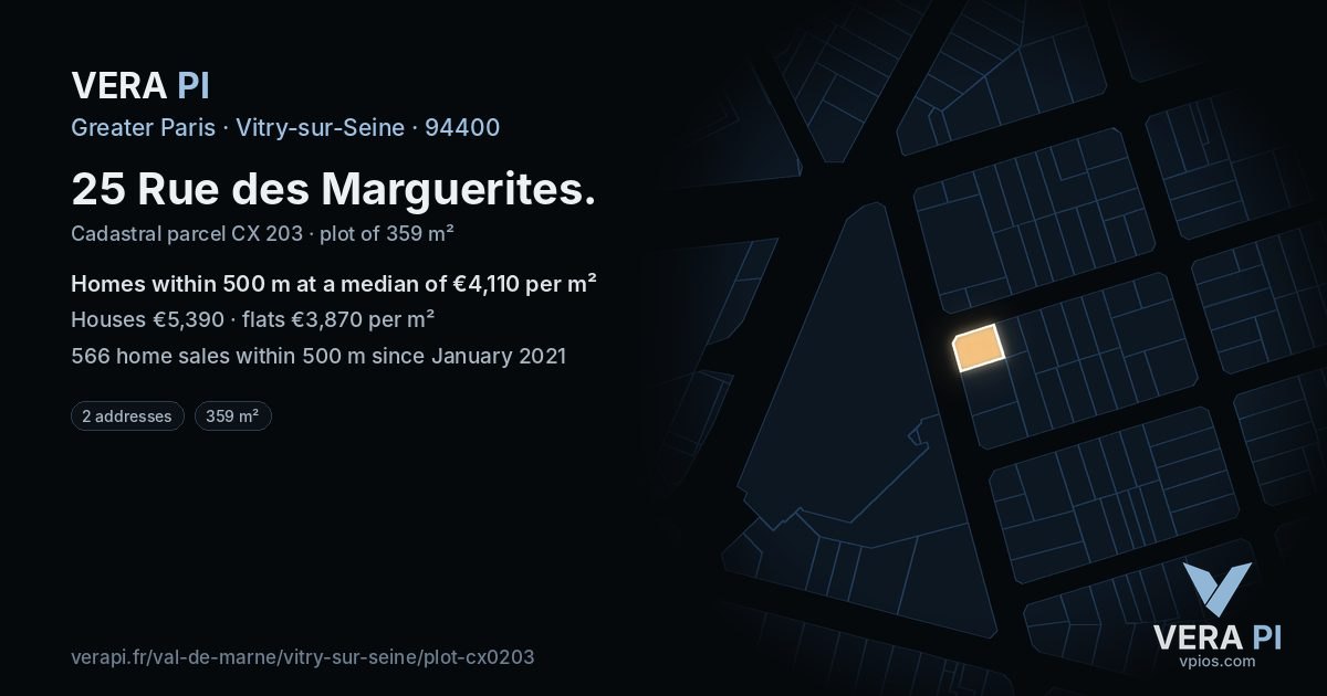 25 Rue des Marguerites, Vitry-sur-Seine at night – the plot lit, the parcels around coloured by the prices near them