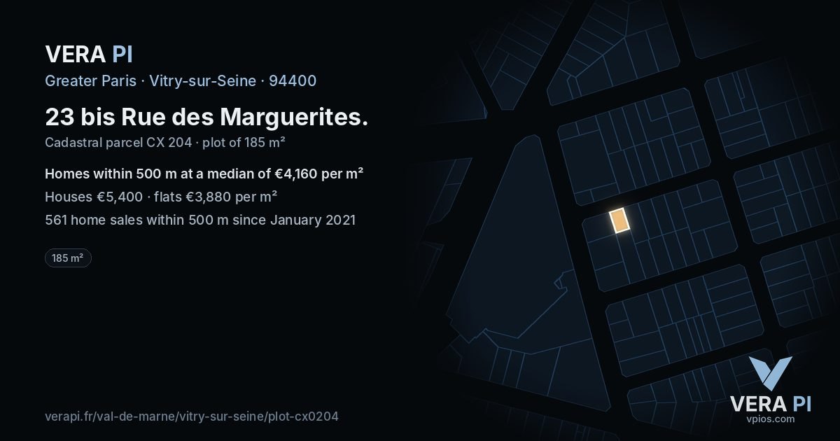 23 bis Rue des Marguerites, Vitry-sur-Seine at night – the plot lit, the parcels around coloured by the prices near them