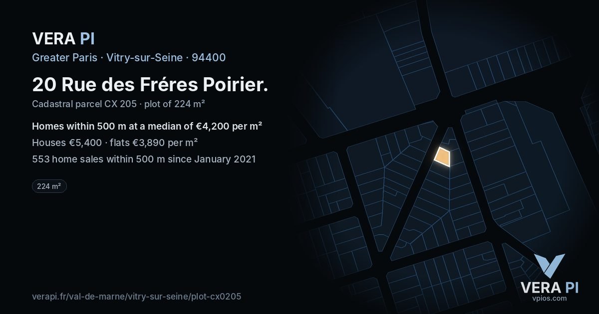 20 Rue des Fréres Poirier, Vitry-sur-Seine at night – the plot lit, the parcels around coloured by the prices near them