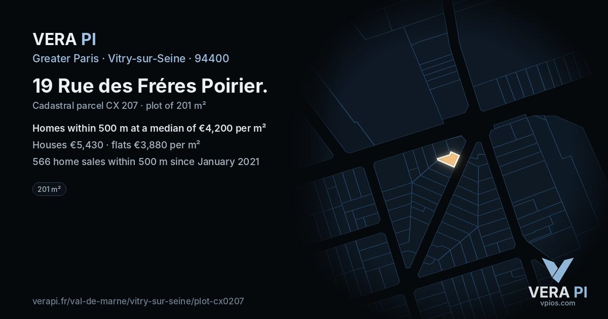 19 Rue des Fréres Poirier, Vitry-sur-Seine at night – the plot lit, the parcels around coloured by the prices near them