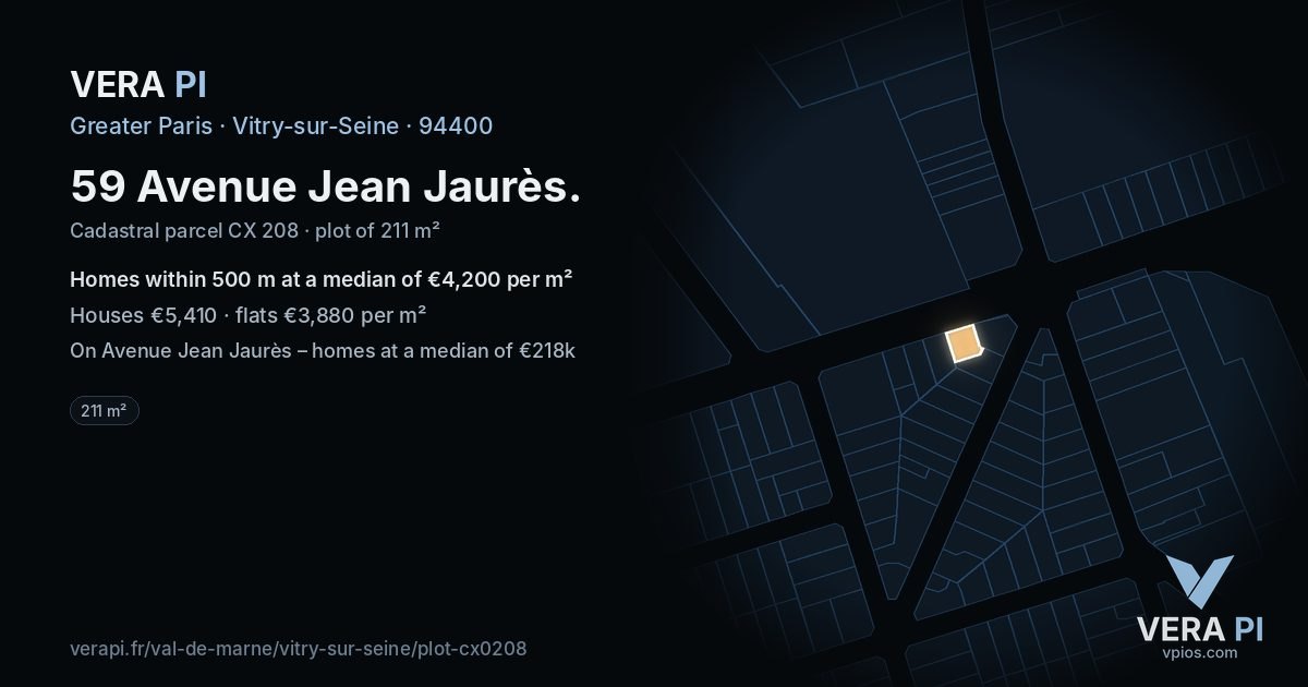 59 Avenue Jean Jaurès, Vitry-sur-Seine at night – the plot lit, the parcels around coloured by the prices near them