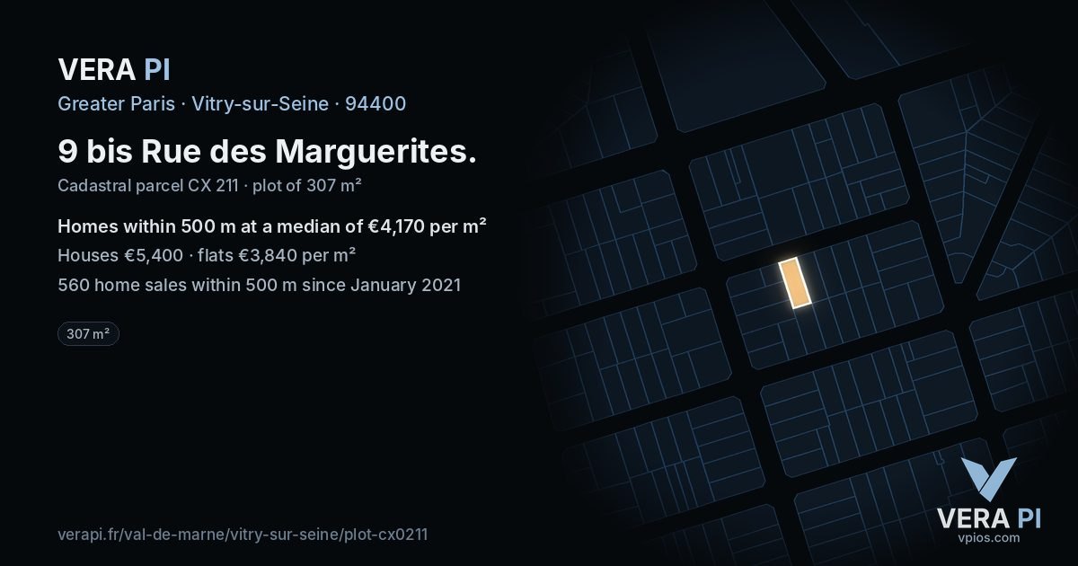 9 bis Rue des Marguerites, Vitry-sur-Seine at night – the plot lit, the parcels around coloured by the prices near them