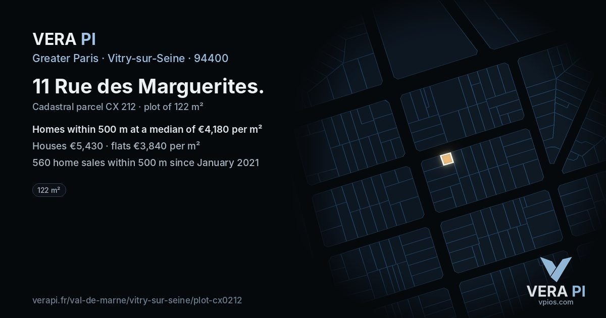 11 Rue des Marguerites, Vitry-sur-Seine at night – the plot lit, the parcels around coloured by the prices near them