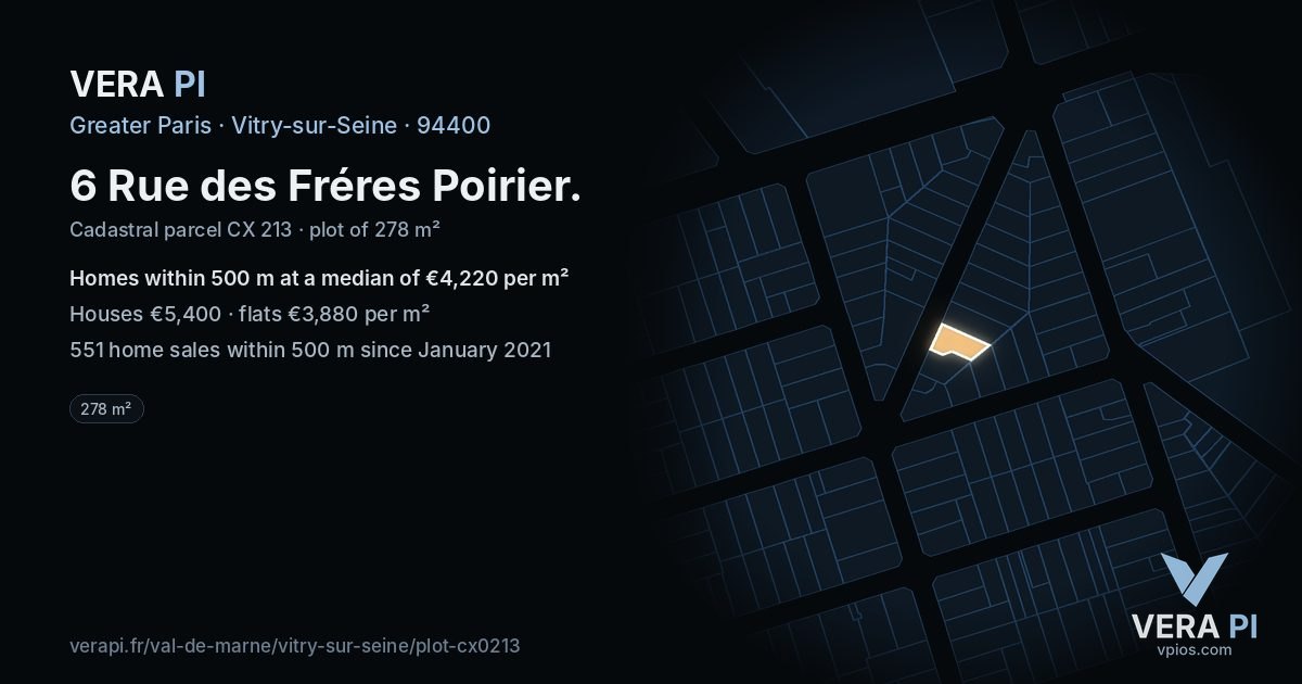 6 Rue des Fréres Poirier, Vitry-sur-Seine at night – the plot lit, the parcels around coloured by the prices near them