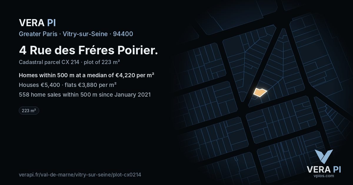 4 Rue des Fréres Poirier, Vitry-sur-Seine at night – the plot lit, the parcels around coloured by the prices near them
