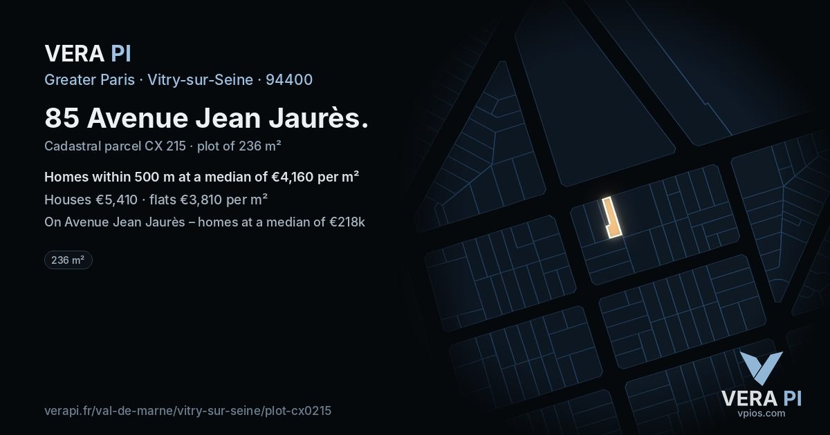 85 Avenue Jean Jaurès, Vitry-sur-Seine at night – the plot lit, the parcels around coloured by the prices near them