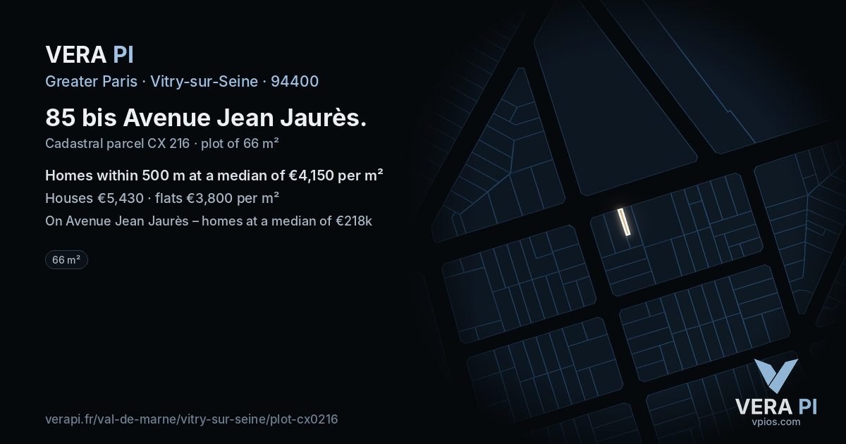 85 bis Avenue Jean Jaurès, Vitry-sur-Seine at night – the plot lit, the parcels around coloured by the prices near them