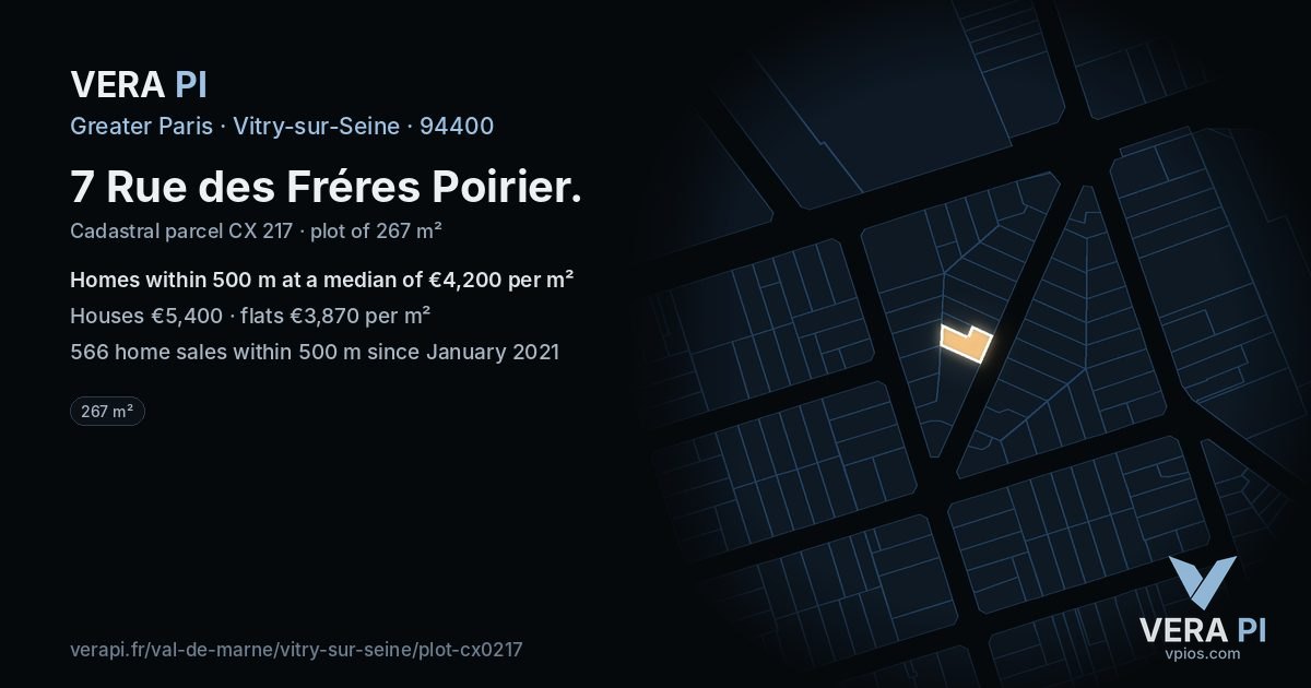 7 Rue des Fréres Poirier, Vitry-sur-Seine at night – the plot lit, the parcels around coloured by the prices near them