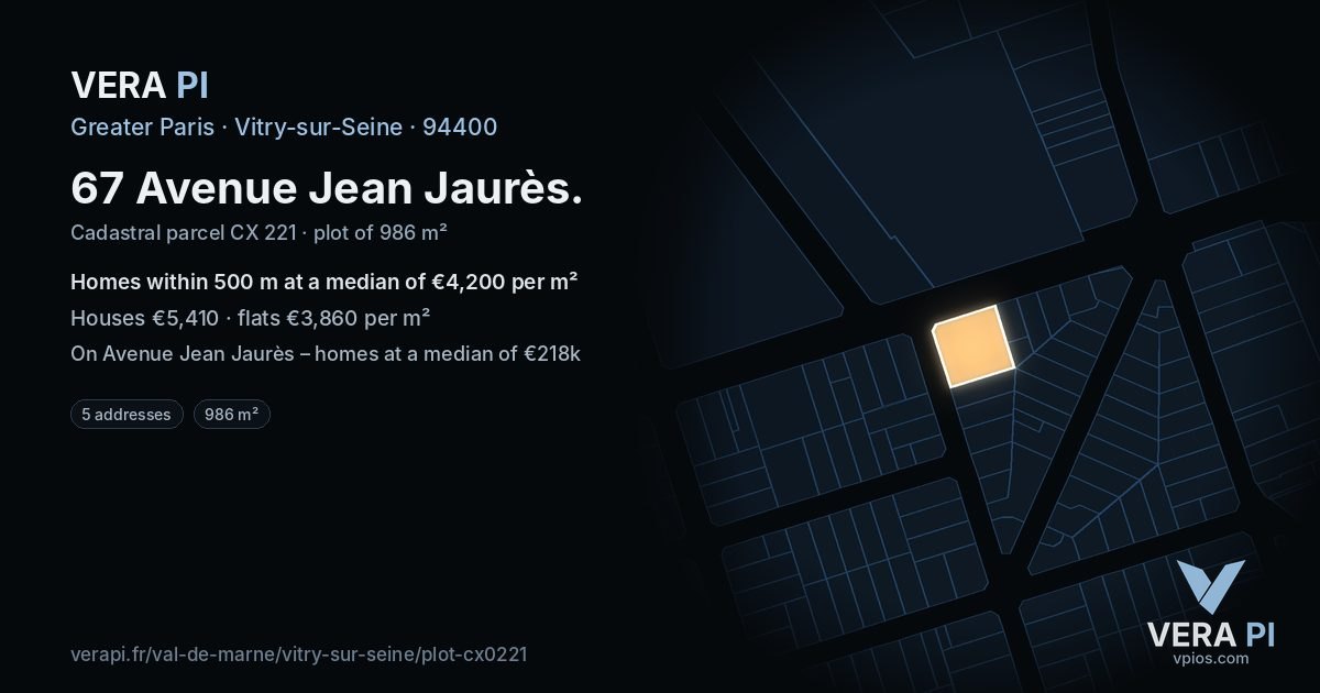 67 Avenue Jean Jaurès, Vitry-sur-Seine at night – the plot lit, the parcels around coloured by the prices near them
