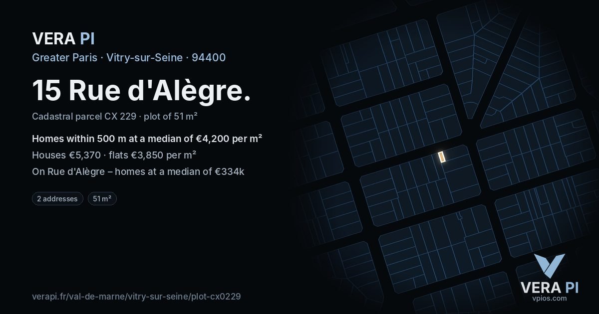 15 Rue d'Alègre, Vitry-sur-Seine at night – the plot lit, the parcels around coloured by the prices near them
