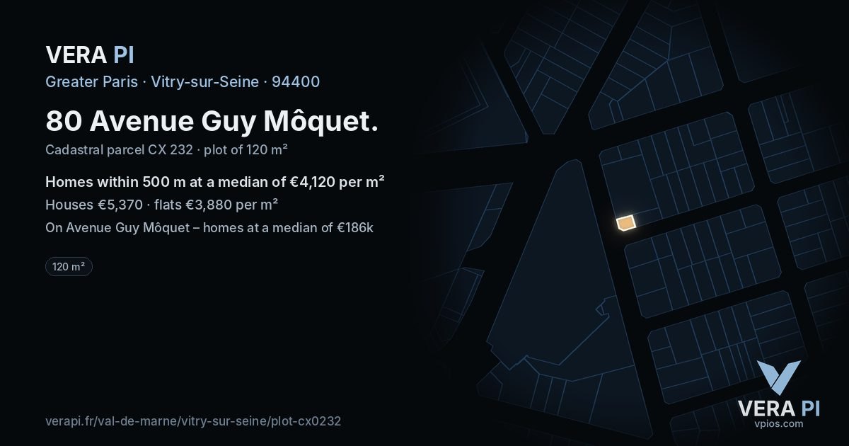 80 Avenue Guy Môquet, Vitry-sur-Seine at night – the plot lit, the parcels around coloured by the prices near them