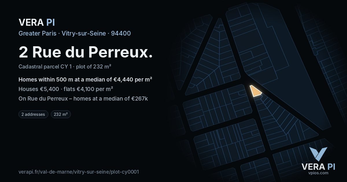 2 Rue du Perreux, Vitry-sur-Seine at night – the plot lit, the parcels around coloured by the prices near them