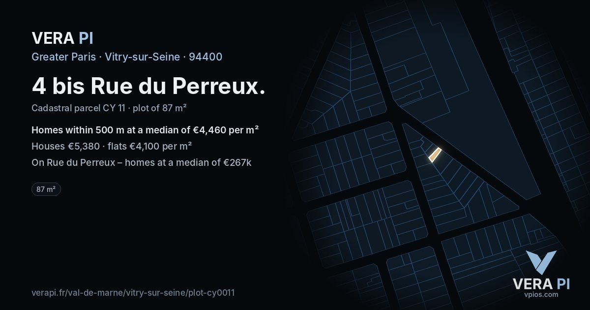 4 bis Rue du Perreux, Vitry-sur-Seine at night – the plot lit, the parcels around coloured by the prices near them