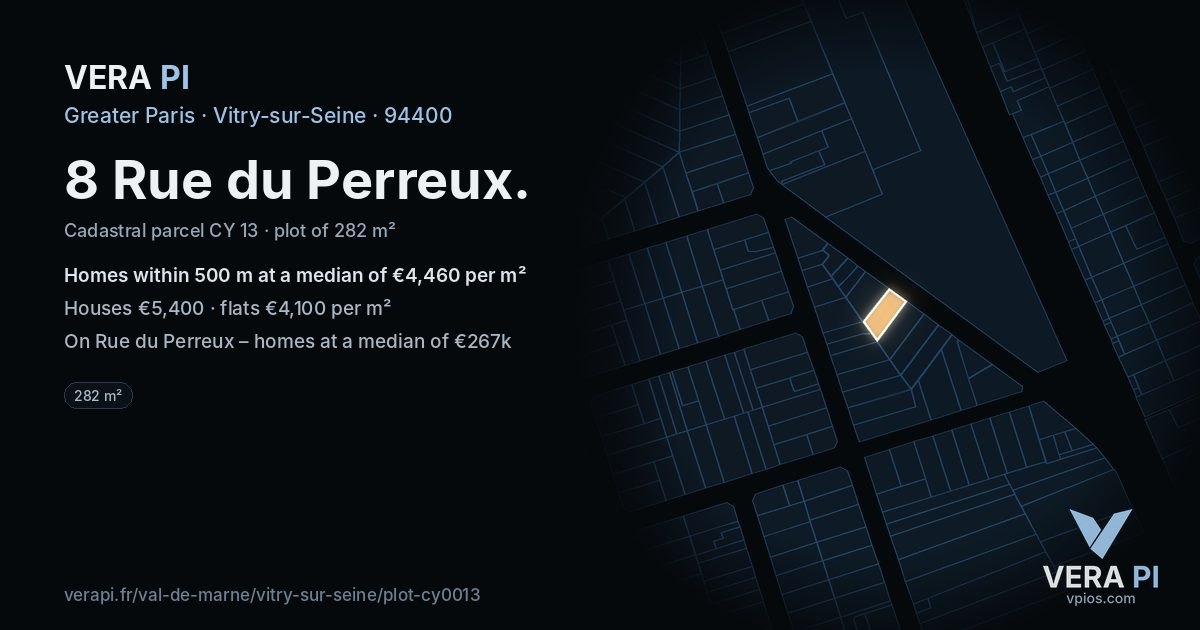 8 Rue du Perreux, Vitry-sur-Seine at night – the plot lit, the parcels around coloured by the prices near them