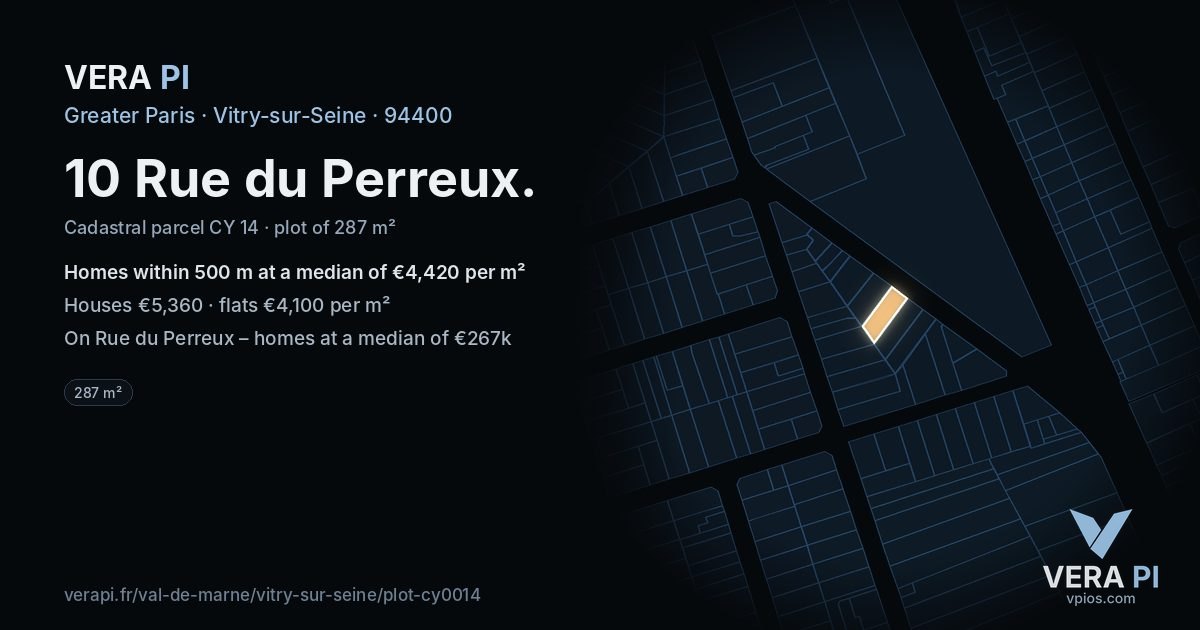10 Rue du Perreux, Vitry-sur-Seine at night – the plot lit, the parcels around coloured by the prices near them