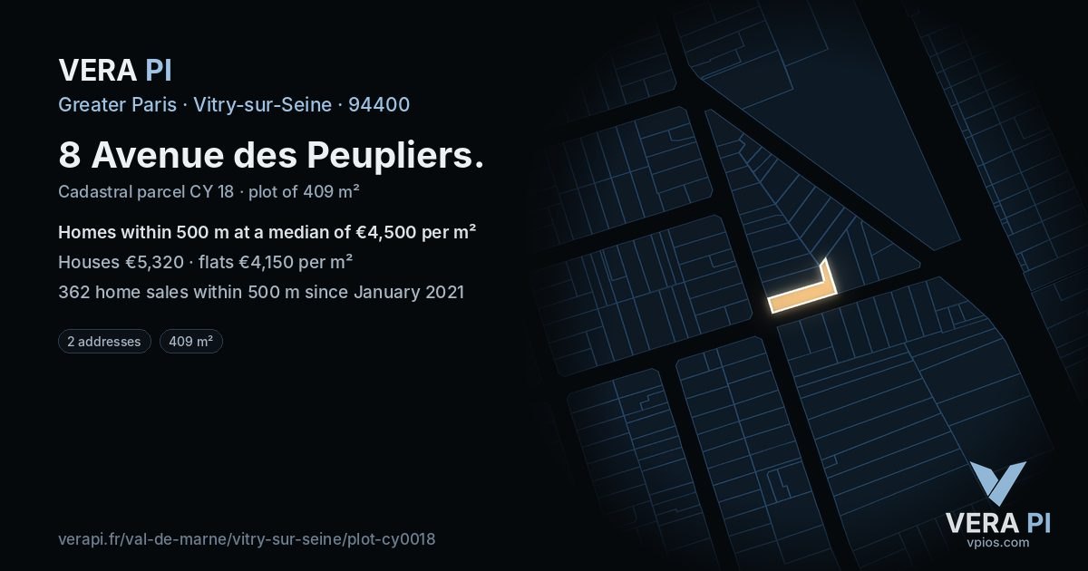 8 Avenue des Peupliers, Vitry-sur-Seine at night – the plot lit, the parcels around coloured by the prices near them