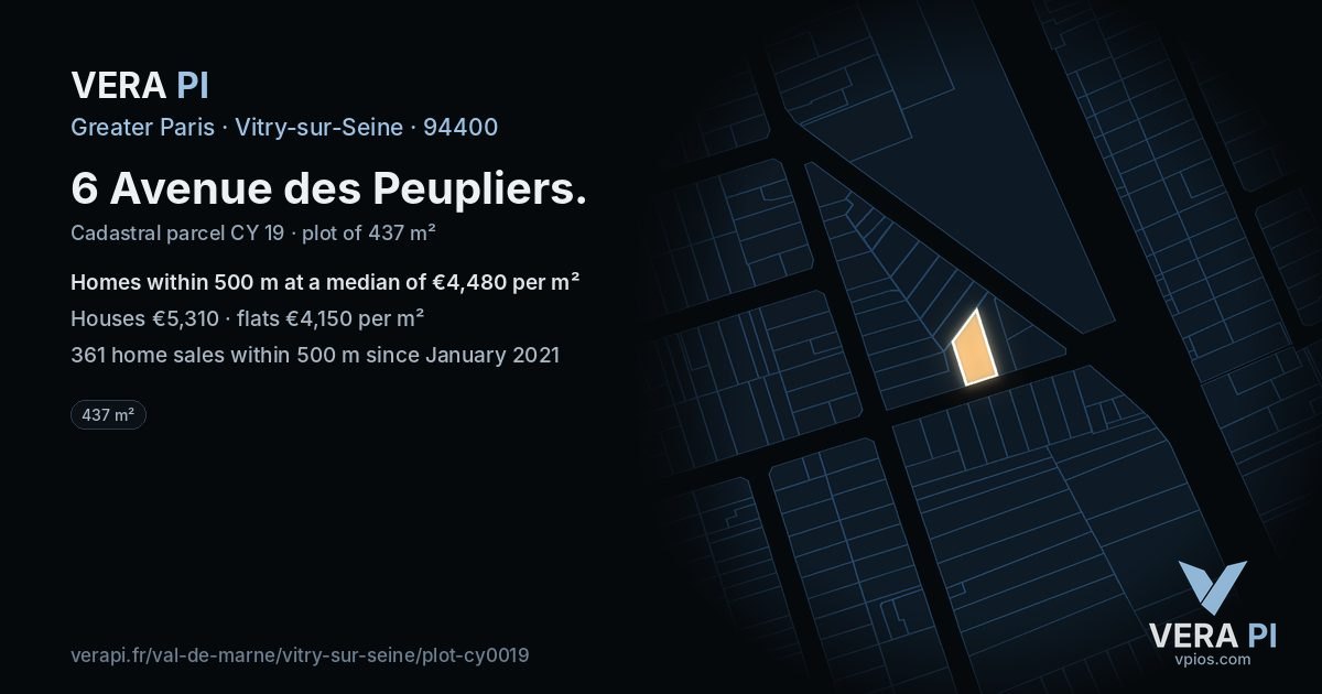 6 Avenue des Peupliers, Vitry-sur-Seine at night – the plot lit, the parcels around coloured by the prices near them