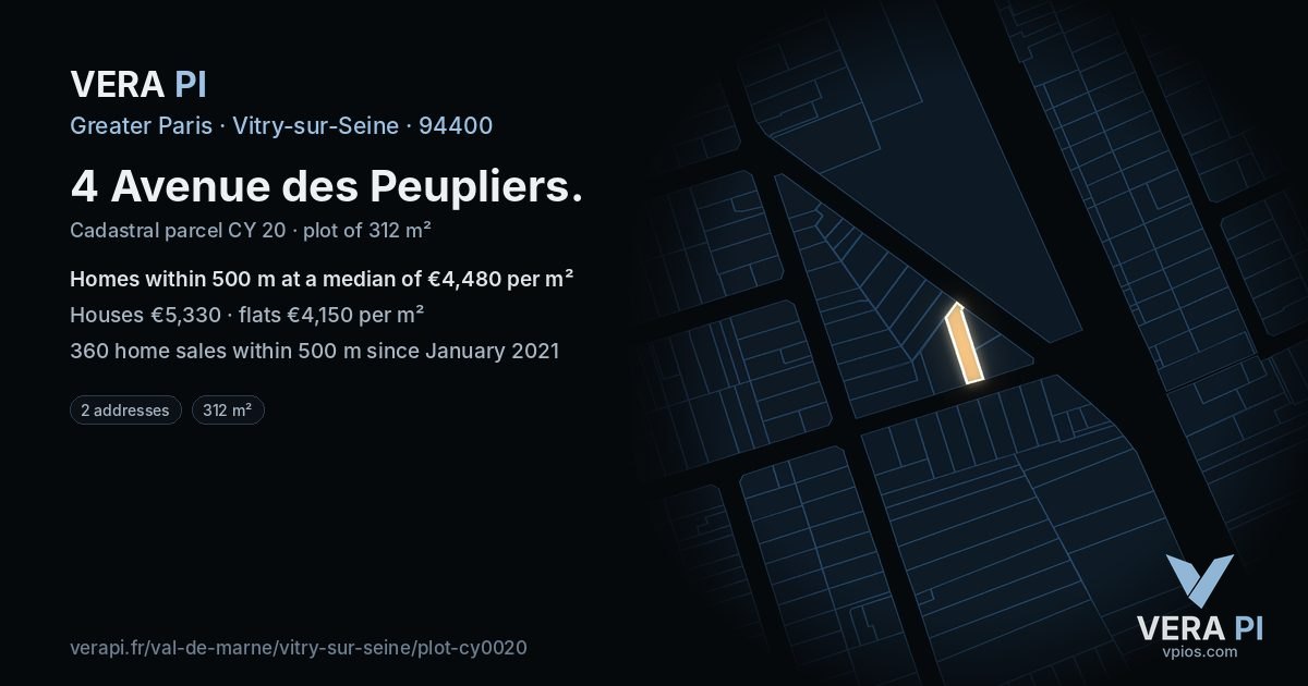 4 Avenue des Peupliers, Vitry-sur-Seine at night – the plot lit, the parcels around coloured by the prices near them